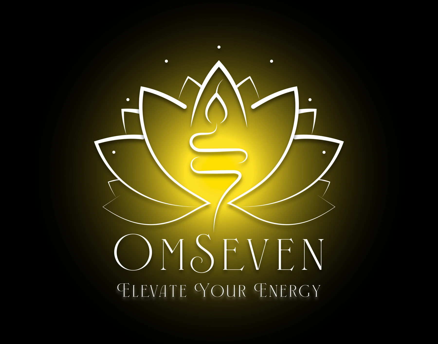 OmSeven. Elevate Your Energy. White lotus with a glowing gold center.